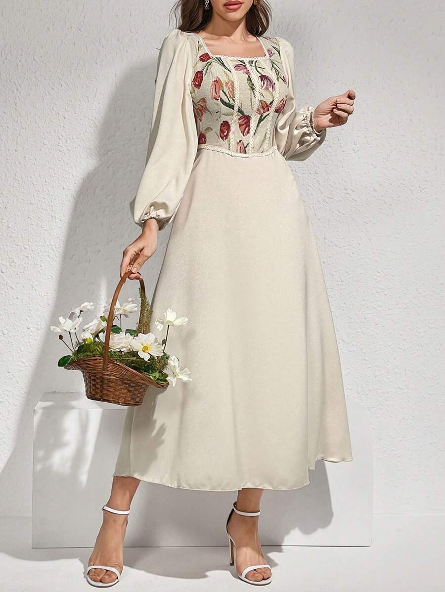 Shein Modelyn Women's Floral Printed Square Neck Puff Sleeve Bubble Hem Dress