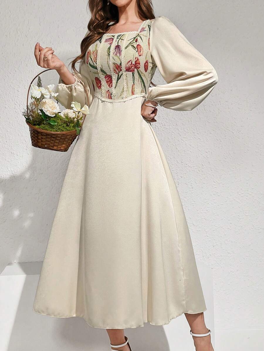 Shein Modelyn Women's Floral Printed Square Neck Puff Sleeve Bubble Hem Dress