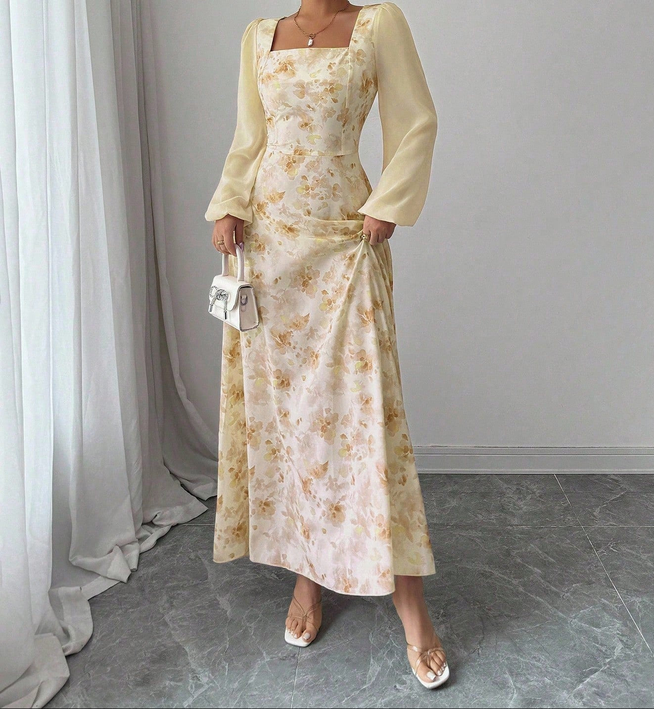 Printed Square Neck Long Sleeve Elegant Summer Dress