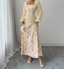 Printed Square Neck Long Sleeve Elegant Summer Dress