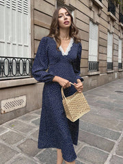 Fall Dress Polka Dot DressFrench Women's Polka Dot Dress With Lace Stitching Waist Design, Slimming Waist