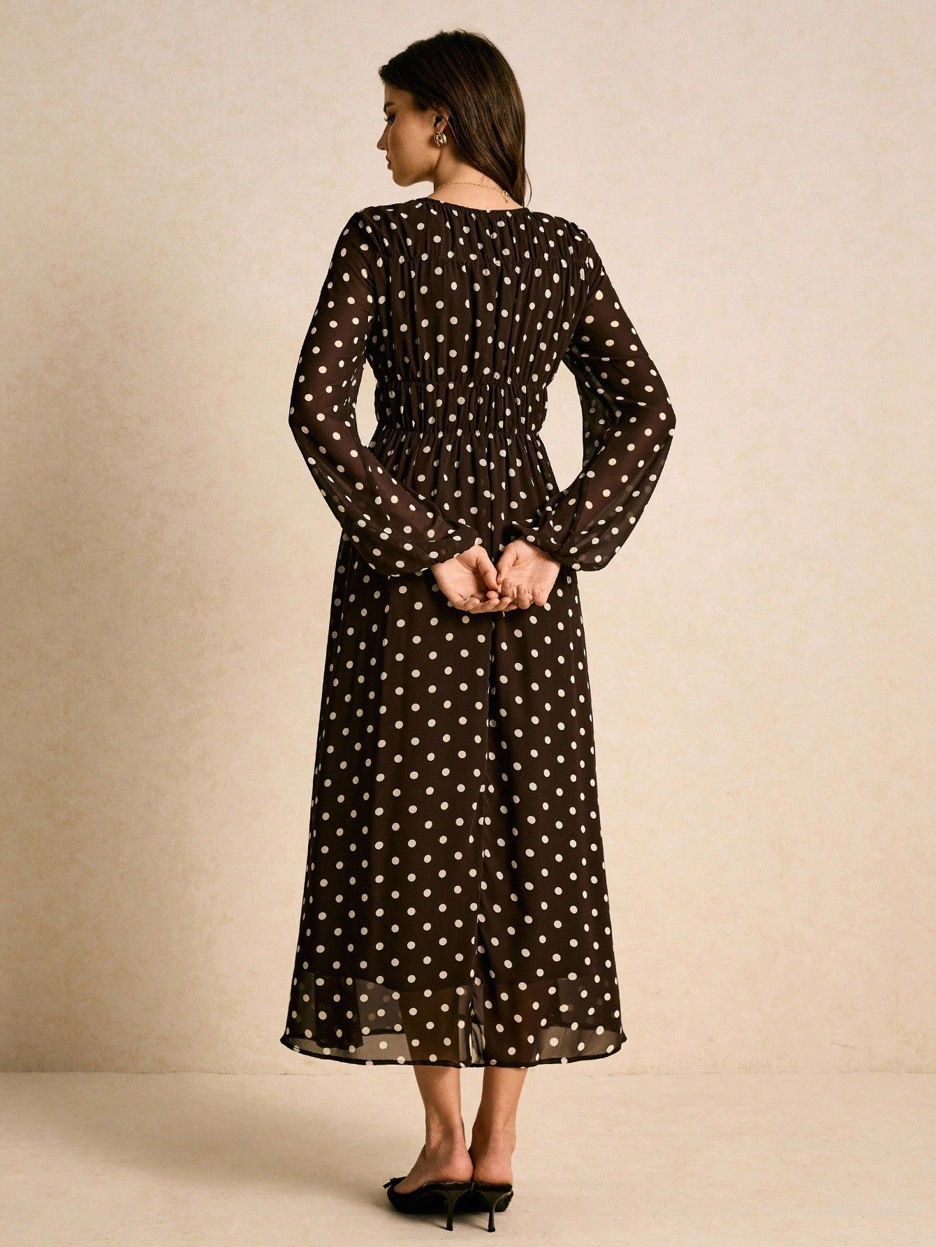 Polka Dot Print Round Neck Lantern Sleeve Ruched Long Dress