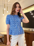 Shein Pariaura Women's Fashion Short Sleeve Fitted Shirt, Elegant Embroidered Pattern