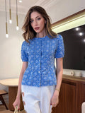 Shein Pariaura Women's Fashion Short Sleeve Fitted Shirt, Elegant Embroidered Pattern