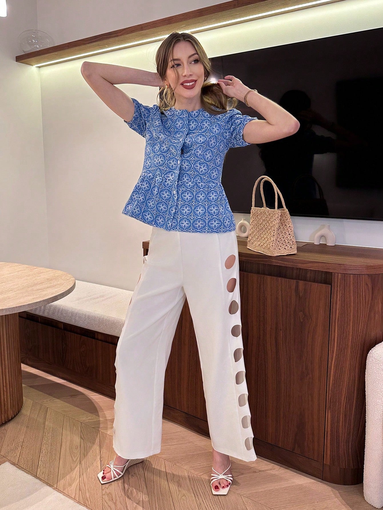 Shein Pariaura Women's Fashion Short Sleeve Fitted Shirt, Elegant Embroidered Pattern