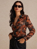 Shein Poéselle Leaf Print Button Front Shirt