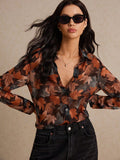 Shein Poéselle Leaf Print Button Front Shirt