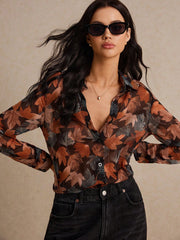 Shein Poéselle Leaf Print Button Front Shirt
