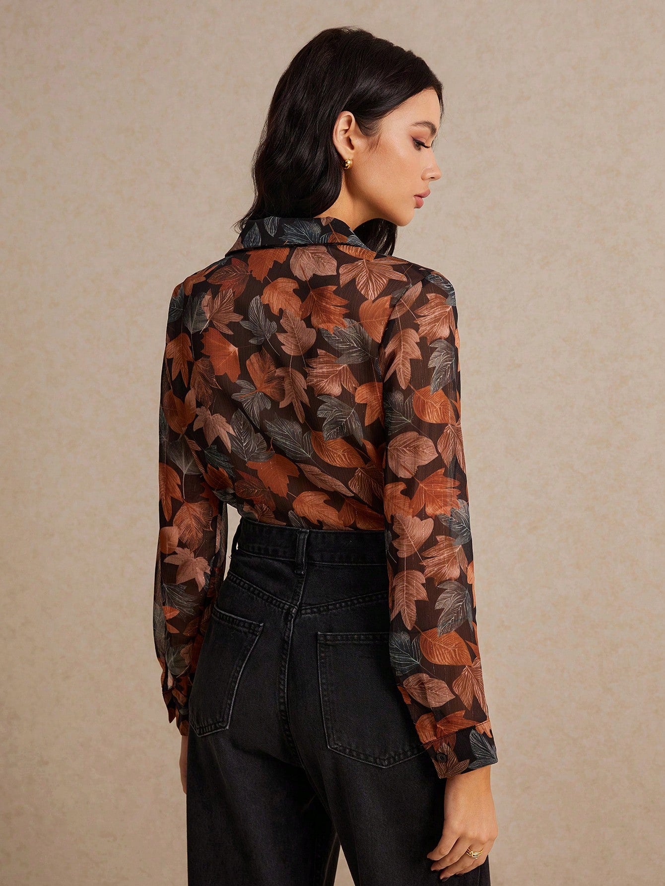 Shein Poéselle Leaf Print Button Front Shirt