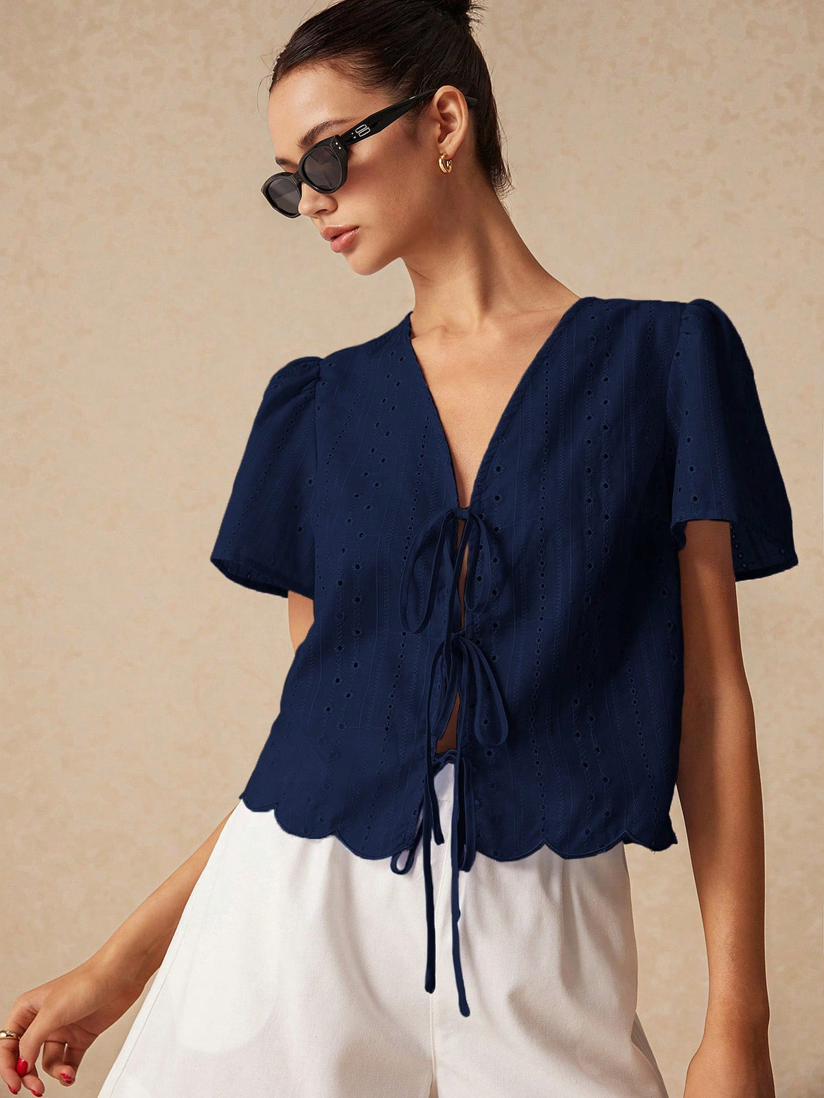 Shein Poéselle Women's Summer Plain Tie-Front Short Puff Sleeve Blouse