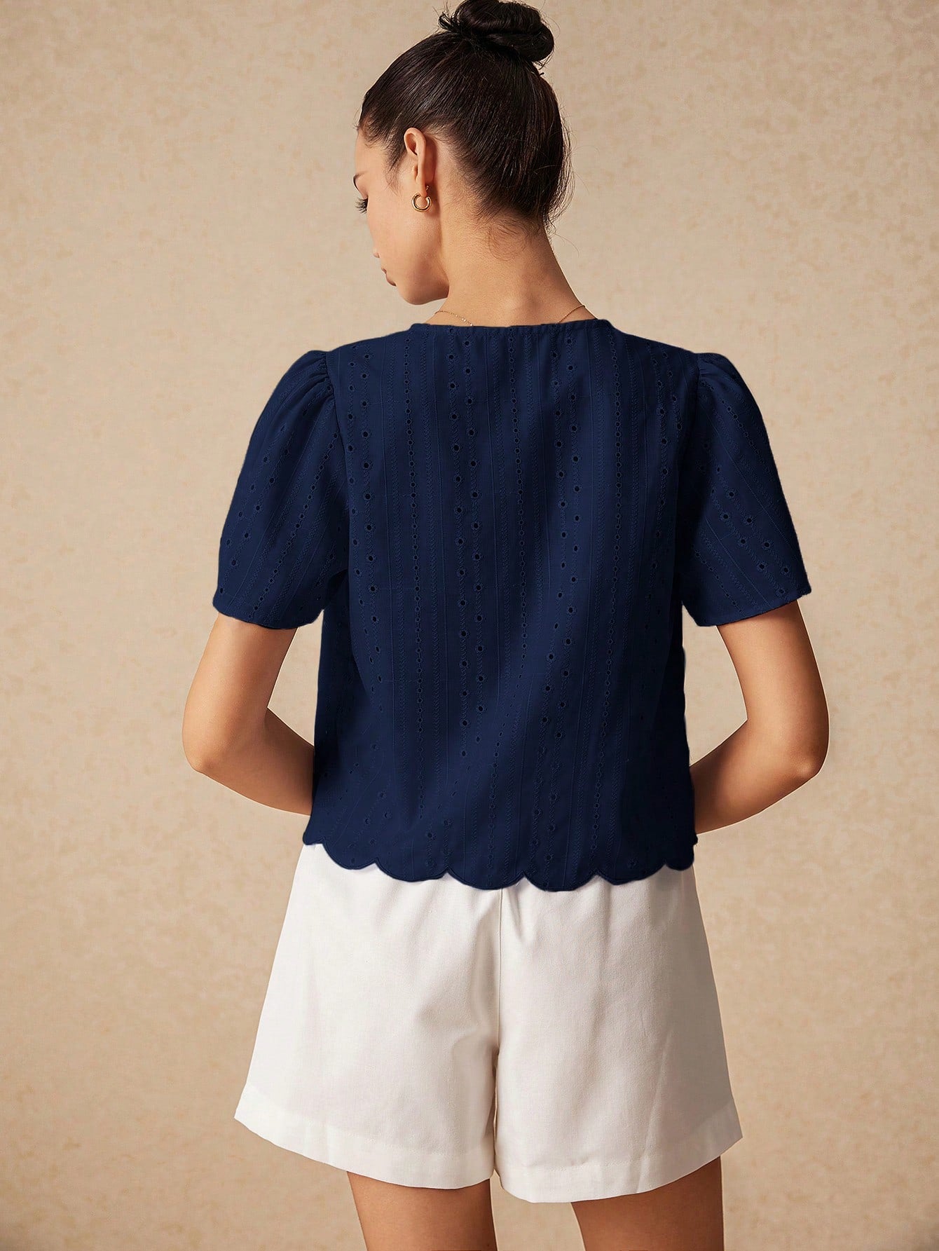 Shein Poéselle Women's Summer Plain Tie-Front Short Puff Sleeve Blouse