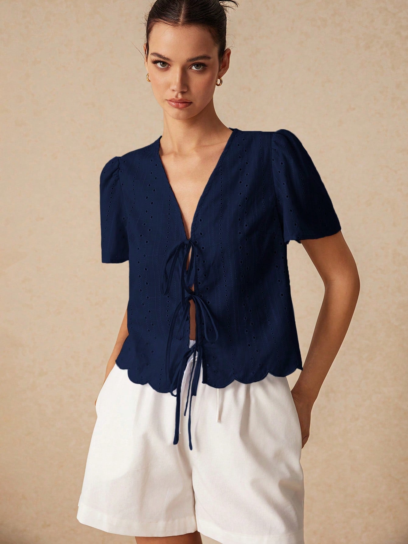 Shein Poéselle Women's Summer Plain Tie-Front Short Puff Sleeve Blouse