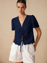 Shein Poéselle Women's Summer Plain Tie-Front Short Puff Sleeve Blouse