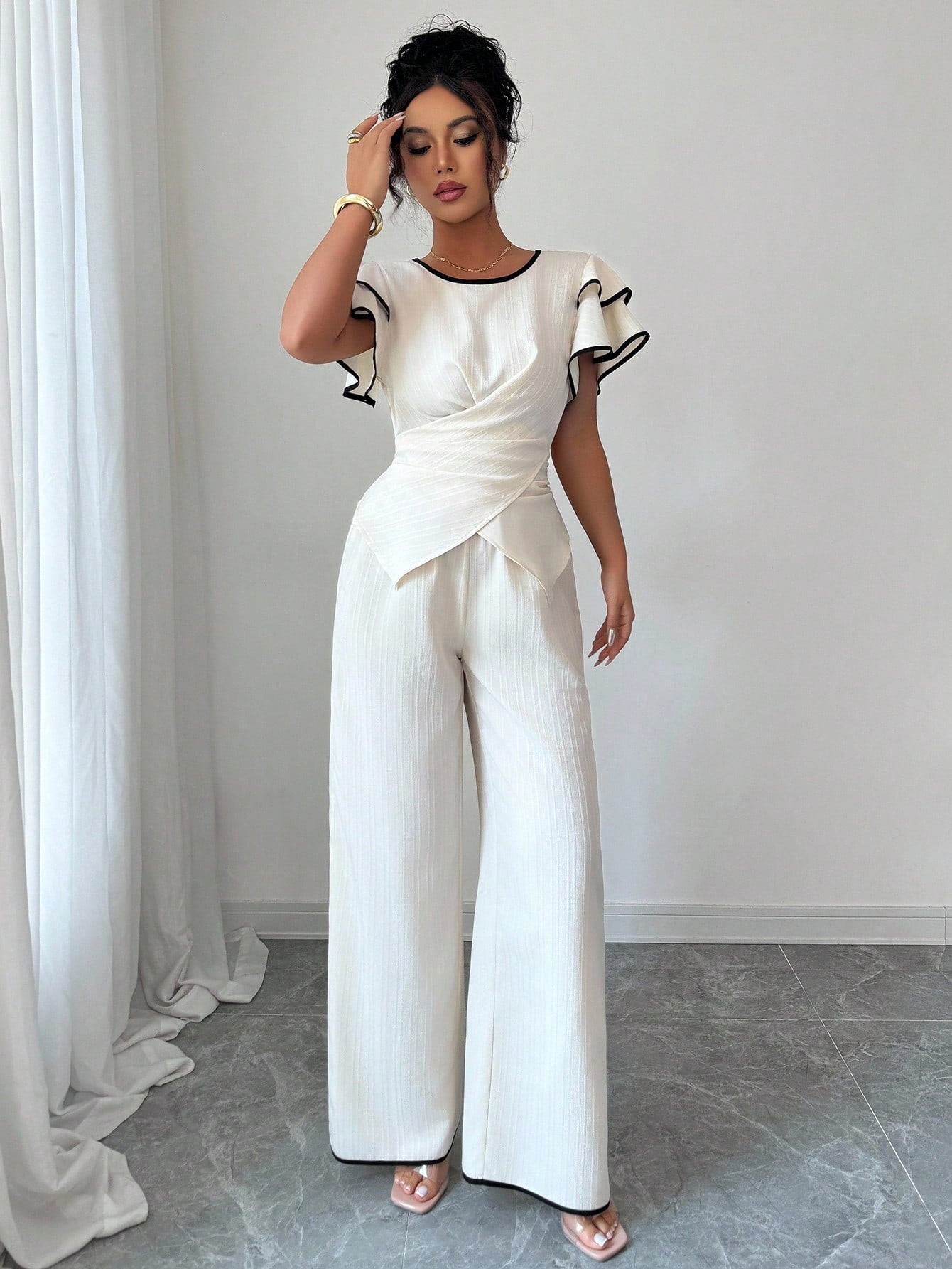 Shein Rafferiza 2Pcs Color Contrast Round Neck Waist Tight Lotus Sleeves Asymmetrical Hem set