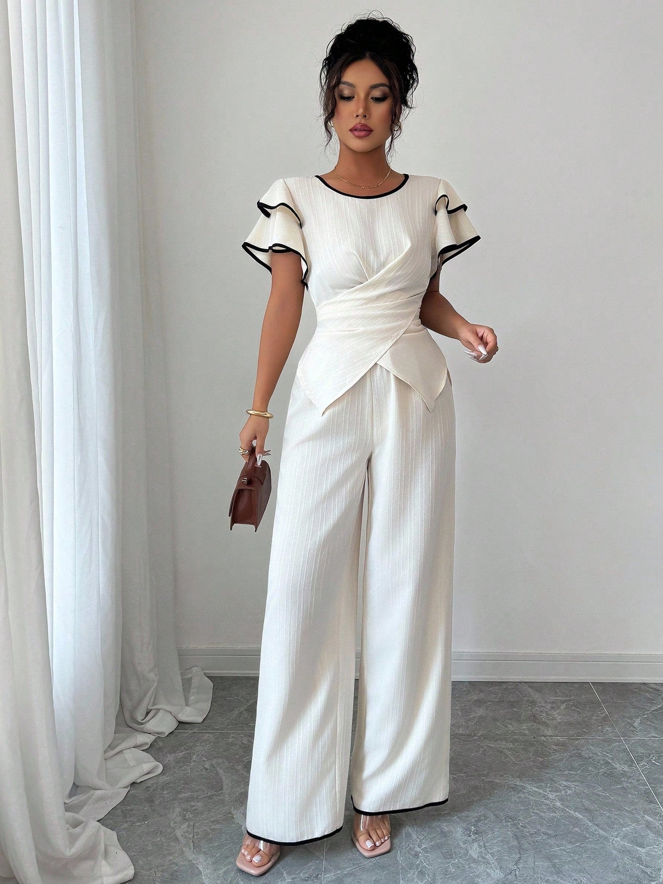 Shein Rafferiza 2Pcs Color Contrast Round Neck Waist Tight Lotus Sleeves Asymmetrical Hem set