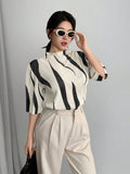Shein Rafferiza Asymmetrical Print Stand Collar Pleated Slim Fit Women's Short Sleeve T-Shirt