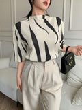 Shein Rafferiza Asymmetrical Print Stand Collar Pleated Slim Fit Women's Short Sleeve T-Shirt
