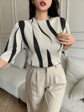Shein Rafferiza Asymmetrical Print Stand Collar Pleated Slim Fit Women's Short Sleeve T-Shirt