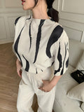 Shein Rafferiza Asymmetrical Print Stand Collar Pleated Slim Fit Women's Short Sleeve T-Shirt