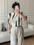 Shein Rafferiza Asymmetrical Print Stand Collar Pleated Slim Fit Women's Short Sleeve T-Shirt