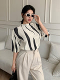 Shein Rafferiza Asymmetrical Print Stand Collar Pleated Slim Fit Women's Short Sleeve T-Shirt