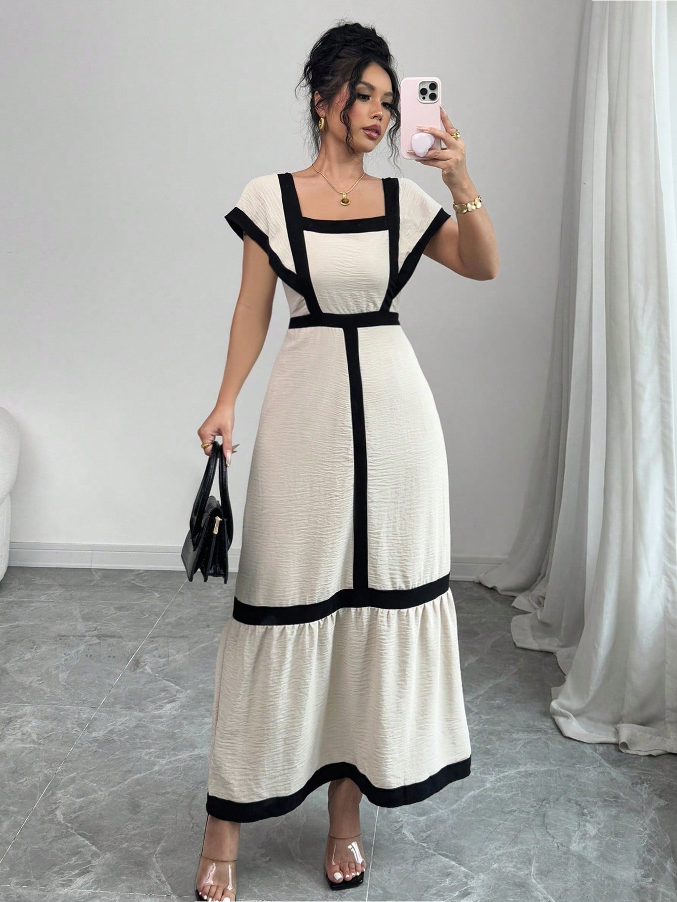 Shein Rafferiza Women's Elegant Casual Black & Beige Striped Ruffle Sleeve Dress