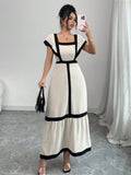 Shein Rafferiza Women's Elegant Casual Black & Beige Striped Ruffle Sleeve Dress