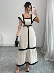Shein Rafferiza Women's Elegant Casual Black & Beige Striped Ruffle Sleeve Dress