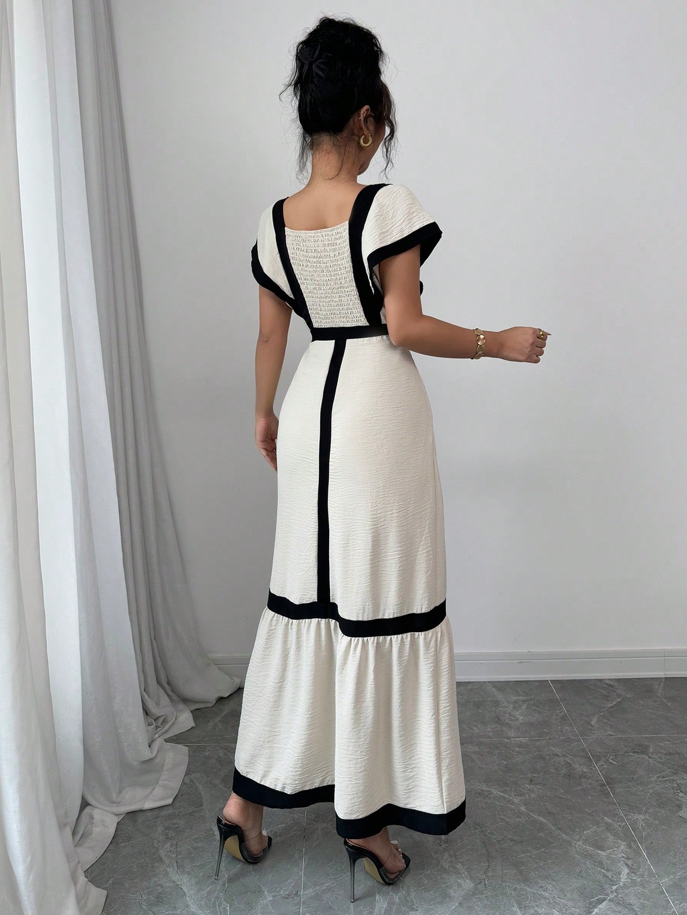 Shein Rafferiza Women's Elegant Casual Black & Beige Striped Ruffle Sleeve Dress