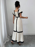 Shein Rafferiza Women's Elegant Casual Black & Beige Striped Ruffle Sleeve Dress