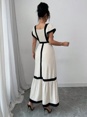 Shein Rafferiza Women's Elegant Casual Black & Beige Striped Ruffle Sleeve Dress