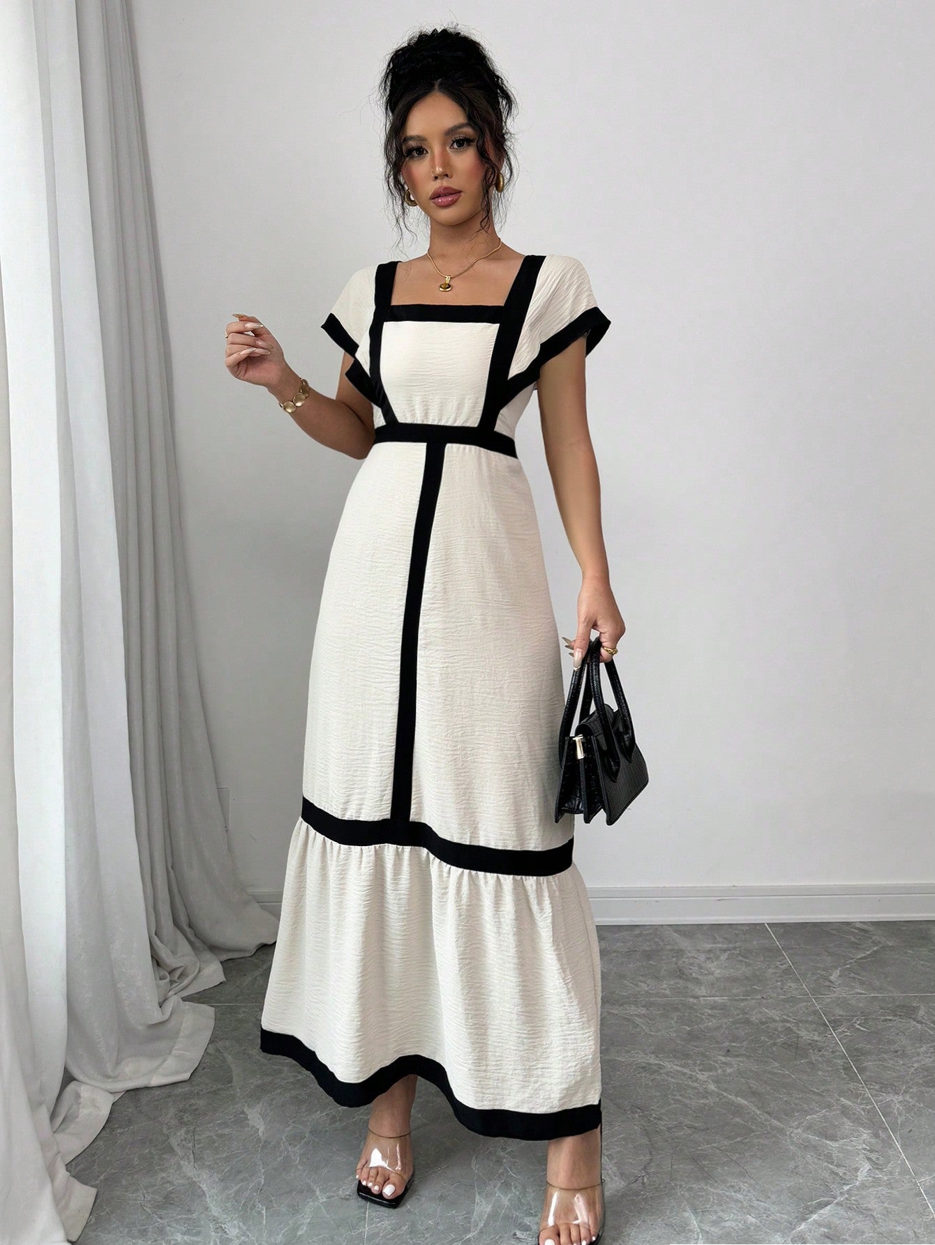 Shein Rafferiza Women's Elegant Casual Black & Beige Striped Ruffle Sleeve Dress