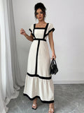 Shein Rafferiza Women's Elegant Casual Black & Beige Striped Ruffle Sleeve Dress