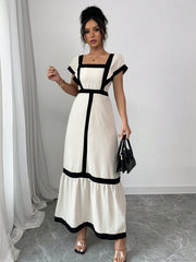 Shein Rafferiza Women's Elegant Casual Black & Beige Striped Ruffle Sleeve Dress