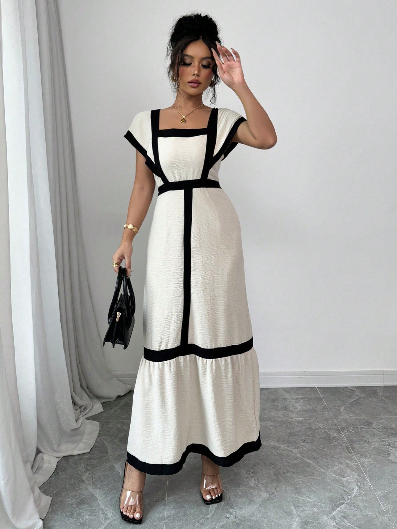 Shein Rafferiza Women's Elegant Casual Black & Beige Striped Ruffle Sleeve Dress