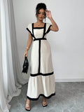Shein Rafferiza Women's Elegant Casual Black & Beige Striped Ruffle Sleeve Dress