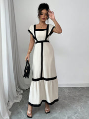 Shein Rafferiza Women's Elegant Casual Black & Beige Striped Ruffle Sleeve Dress