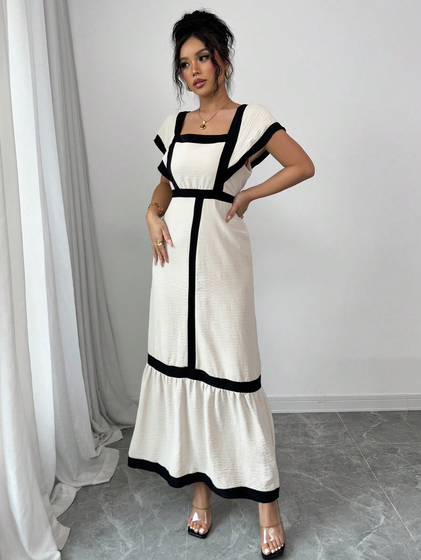 Shein Rafferiza Women's Elegant Casual Black & Beige Striped Ruffle Sleeve Dress