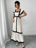 Shein Rafferiza Women's Elegant Casual Black & Beige Striped Ruffle Sleeve Dress