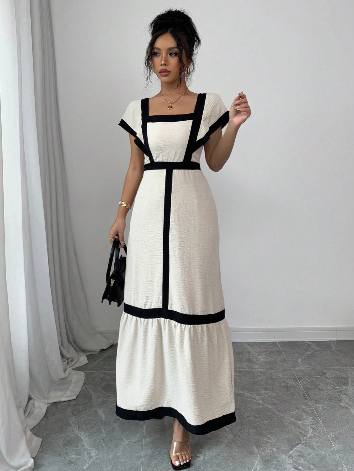 Shein Rafferiza Women's Elegant Casual Black & Beige Striped Ruffle Sleeve Dress