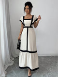 Shein Rafferiza Women's Elegant Casual Black & Beige Striped Ruffle Sleeve Dress