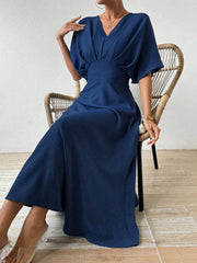 SHEIN RosyDaze V Neck Pleated Batwing Sleeve Dress