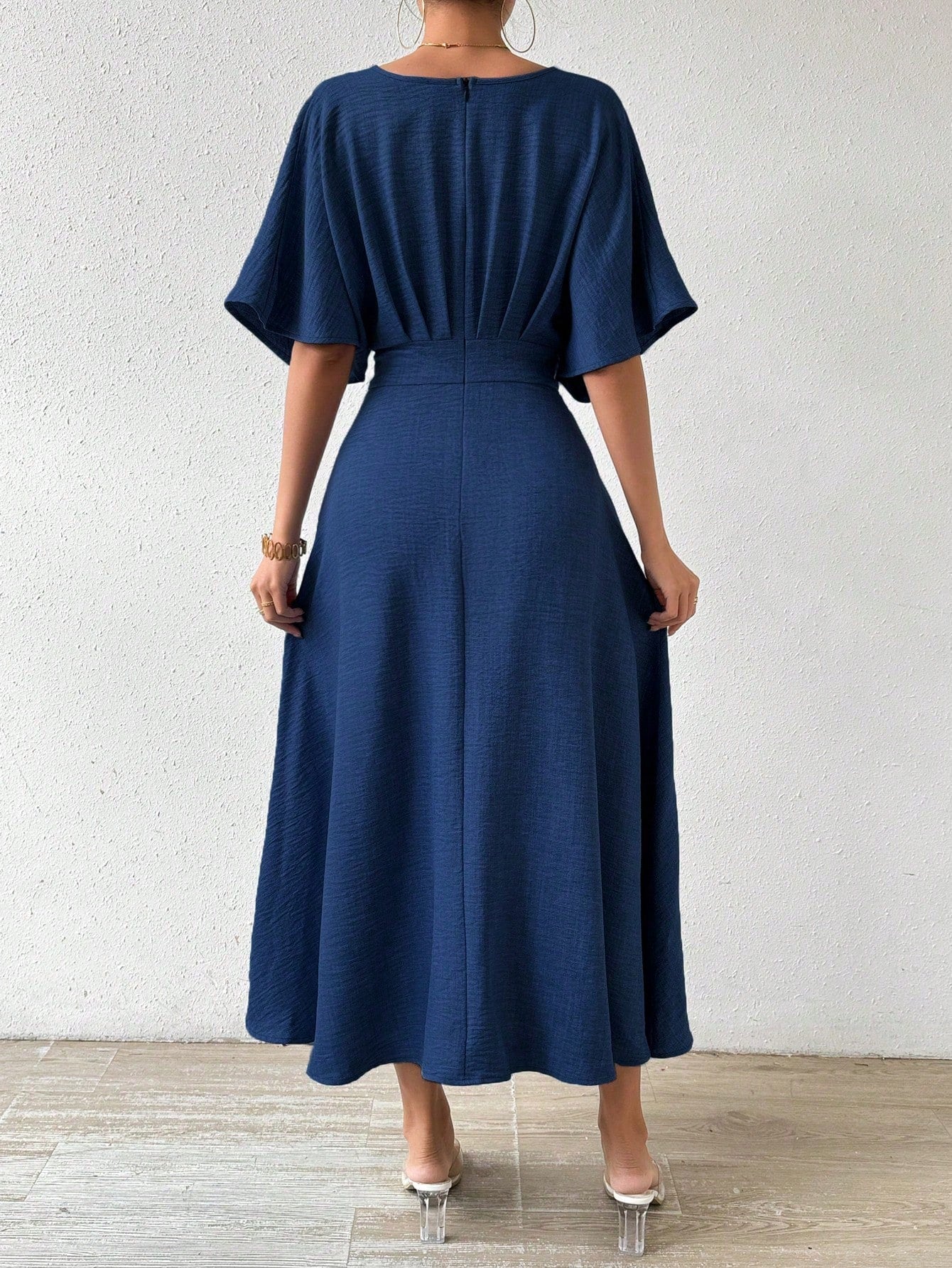 SHEIN RosyDaze V Neck Pleated Batwing Sleeve Dress