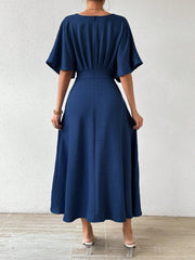 SHEIN RosyDaze V Neck Pleated Batwing Sleeve Dress