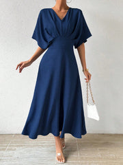 SHEIN RosyDaze V Neck Pleated Batwing Sleeve Dress