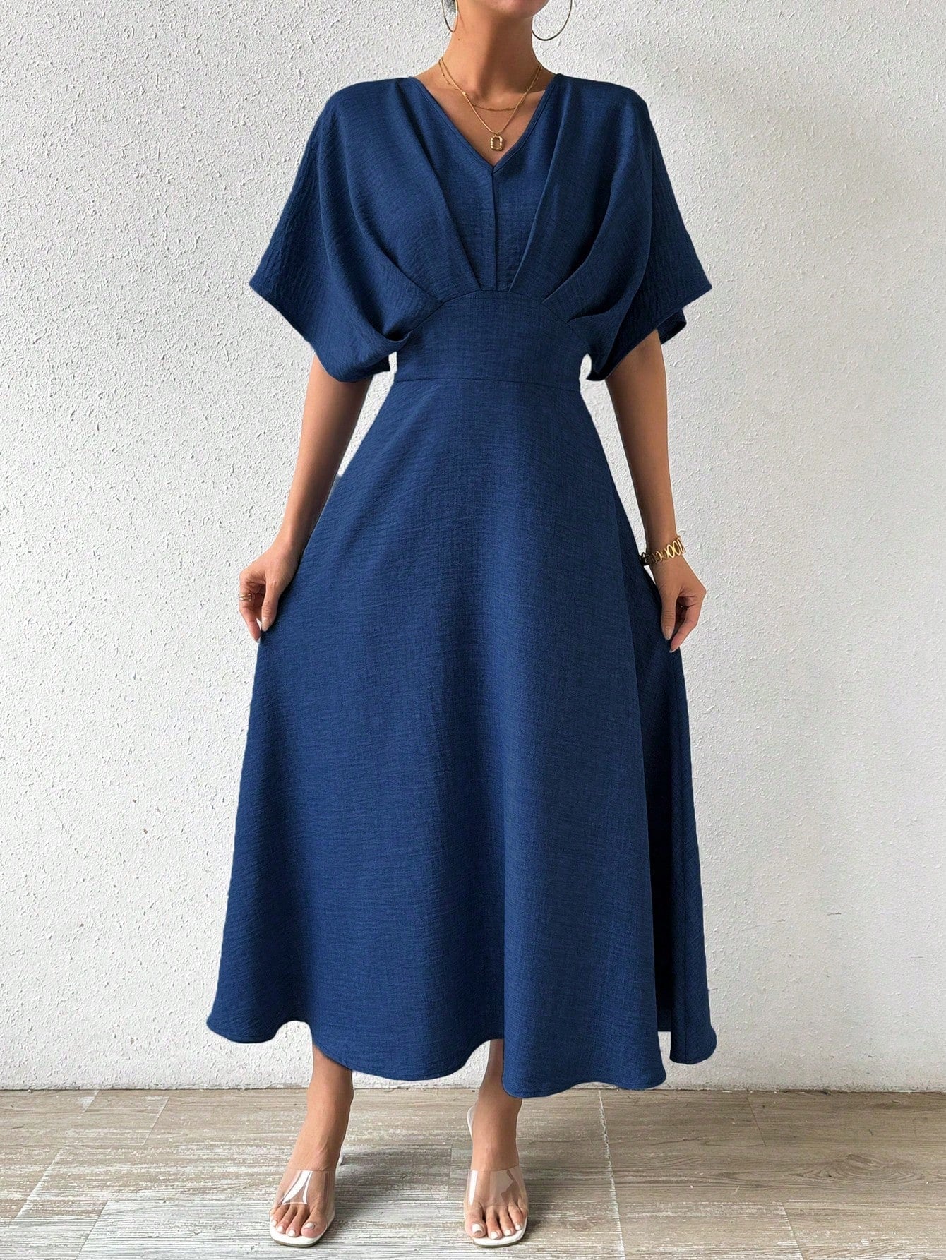 SHEIN RosyDaze V Neck Pleated Batwing Sleeve Dress
