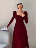 SHEIN EastFlair Korean Fashion Women's Red Holiday Party Ruched Waist Elegant Long Sleeve Long Dress