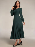 SHEIN Modely Women's Solid Color Round Neck Long Sleeve Ruched Simple Casual Long Dress