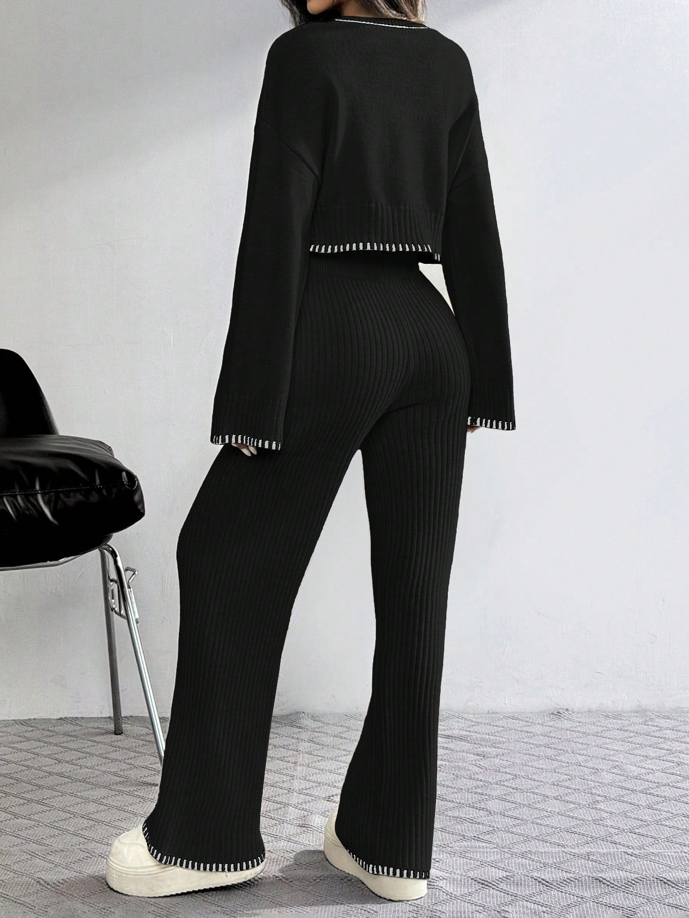 SHEIN EZwear Women's Dropped Shoulder Long Sleeve Sweater And Flared Pants Casual 2 Pieces Set