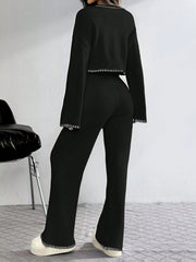 SHEIN EZwear Women's Dropped Shoulder Long Sleeve Sweater And Flared Pants Casual 2 Pieces Set